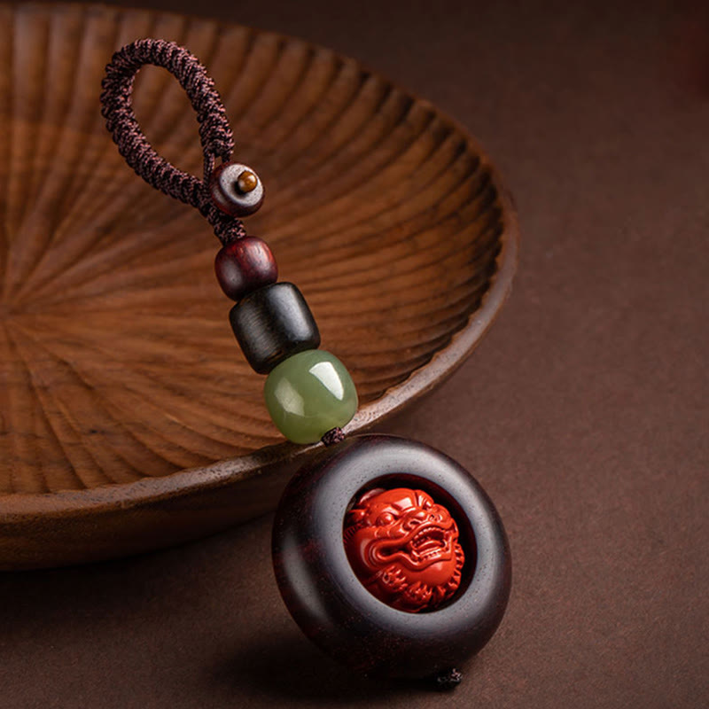 Buddha Stones Tibet Om Mani Padme Hum PiXiu Copper Coin Small Leaf Red Sandalwood Cinnabar Protection Key Chain