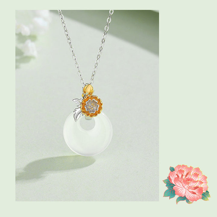 Buddha Stones 925 Sterling Silver Round Chalcedony Twelve Months Flower Harmony Necklace Pendant