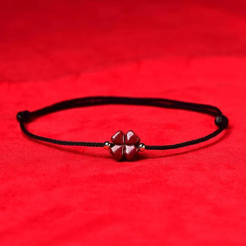 Buddha Stones Natural Cinnabar Four Leaf Clover Blessing Red String Bracelet Anklet