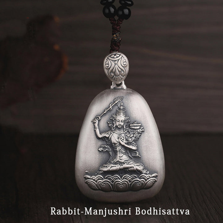 Buddha Stones 999 Sterling Silver Chinese Zodiac Natal Buddha Heart Sutra Engraved Protection Necklace Pendant