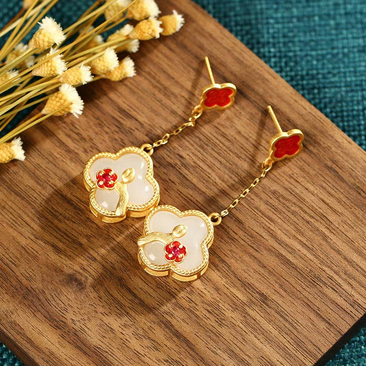 Buddha Stones 24K Gold Plated White Jade Four Leaf Clover Plum Blossom Luck Necklace Pendant Earrings