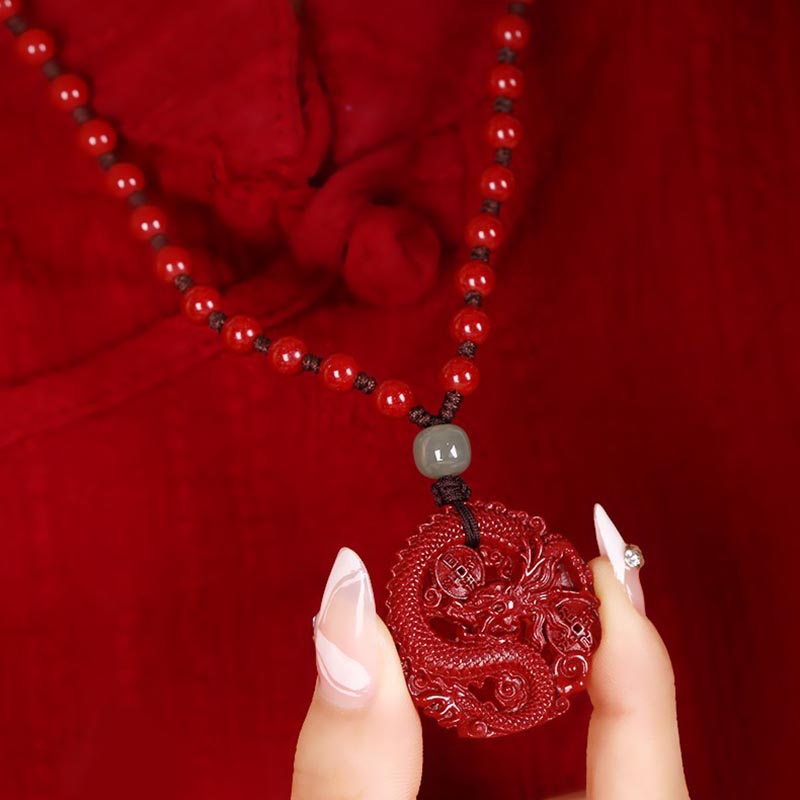 Buddha Stones Year Of The Dragon Natural Cinnabar Hetian Jade Bead Copper Coin Attract Wealth Strength Necklace Pendant