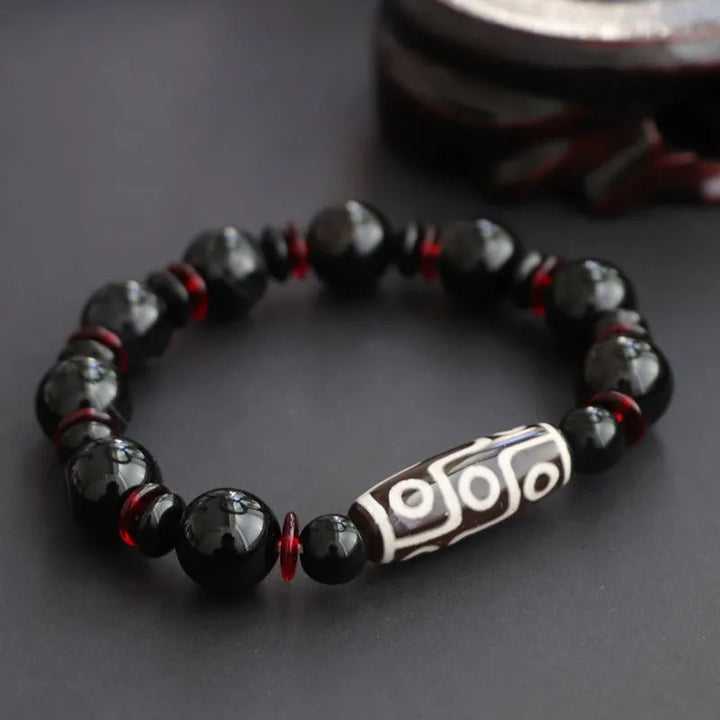 Buddha Stones Black Onyx Nine-Eye Dzi Bead Wealth Protection Bracelet