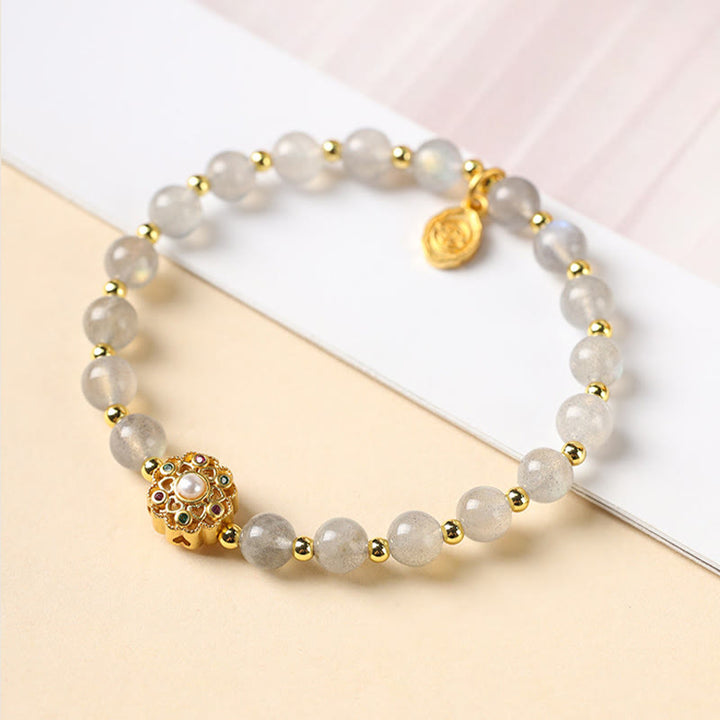 Buddha Stones 14K Gold Plated Natural Strawberry Quartz Labradorite Sun Stone Fu Character Positive Charm Bracelet