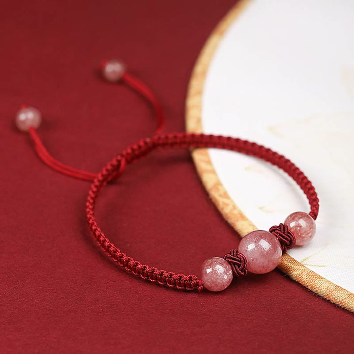 Buddha Stones Natural Strawberry Quartz Crystal Love Red String Weave Bracelet Anklet