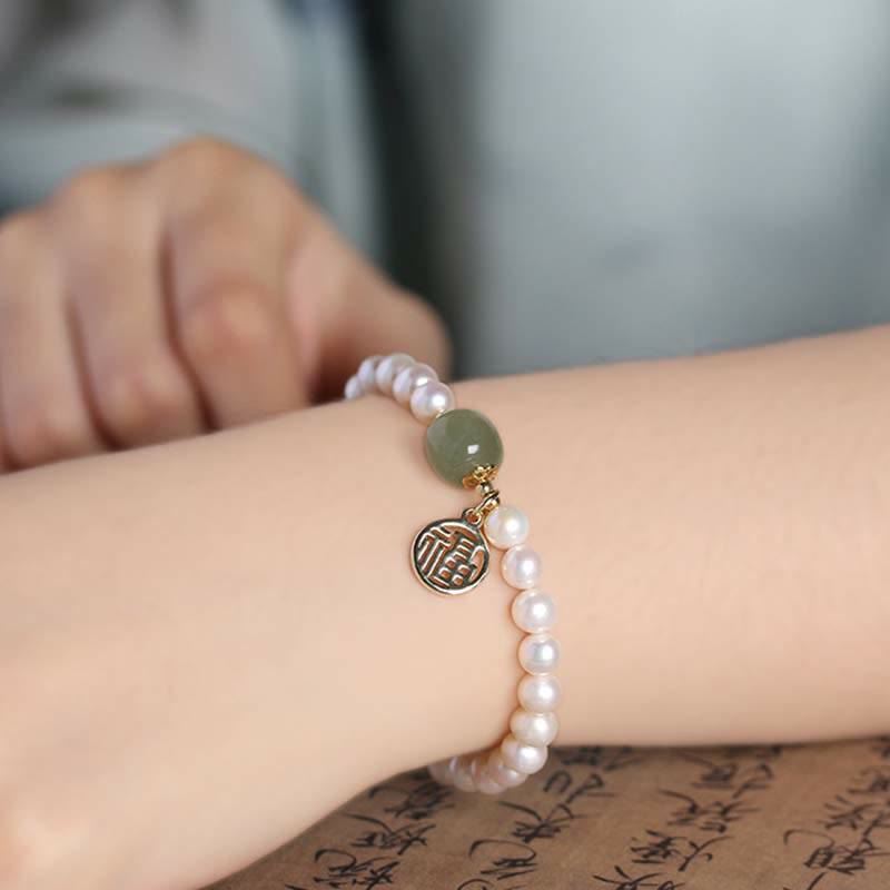 Buddha Stones Natural Pearl Hetian Jade Happiness Healing Bead Bracelet