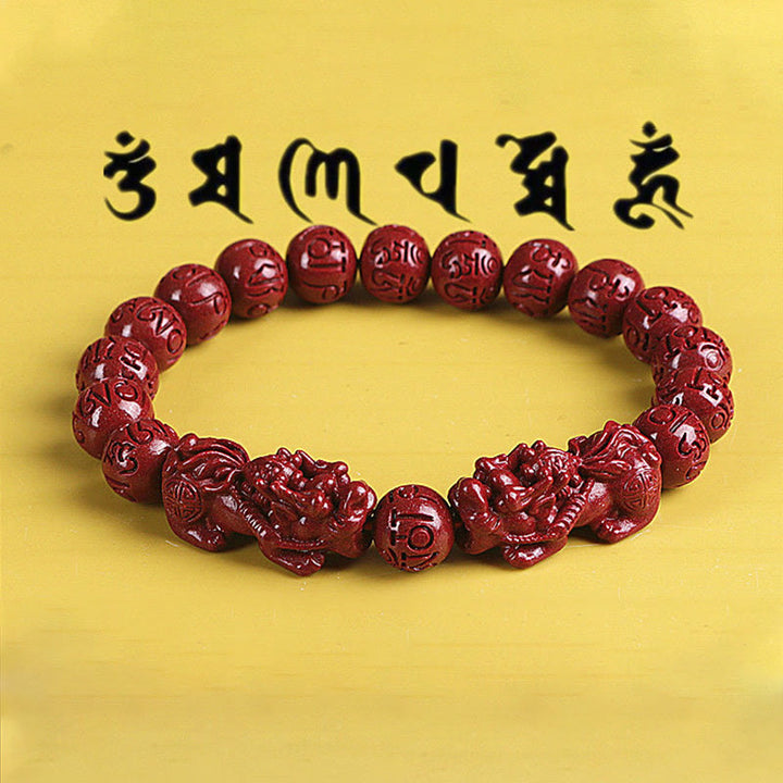 Natural Double PiXiu Cinnabar Om Mani Padme Hum Wealth Luck Bead Bracelet