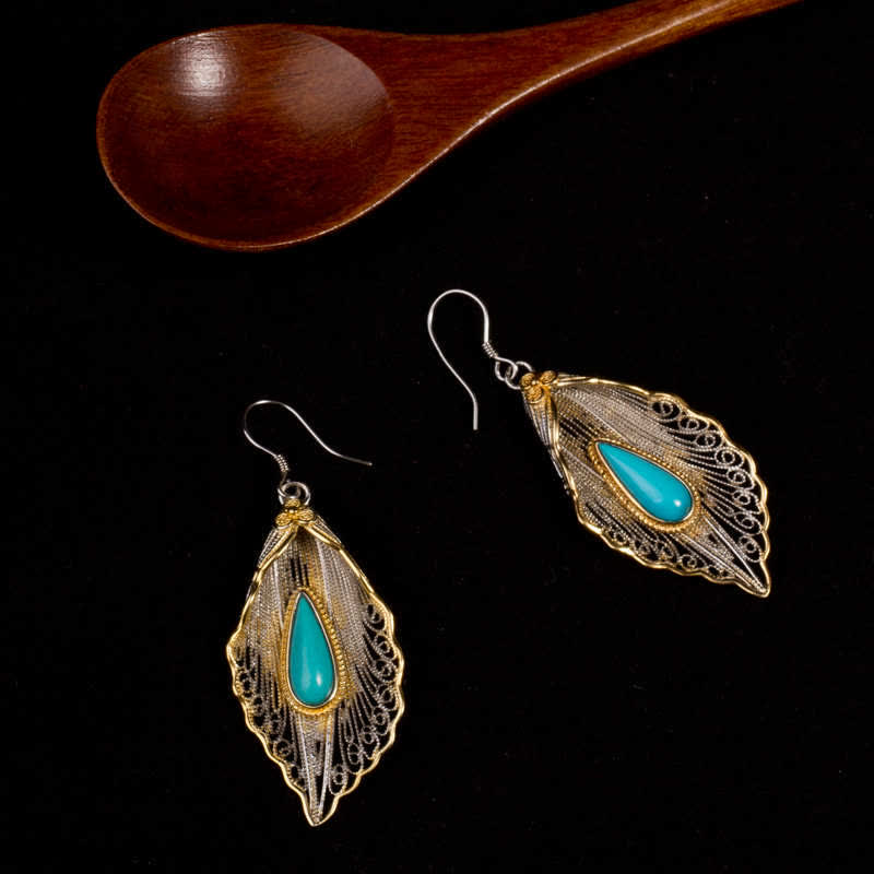 925 Sterling Silver Turquoise Bodhi Leaf Pattern Protection Drop Dangle Earrings