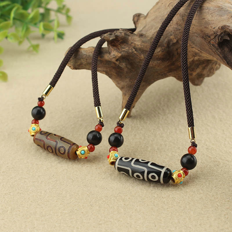 Buddha Stones Tibetan Nine-Eye Dzi Bead Protection Blessings String Necklace Pendant