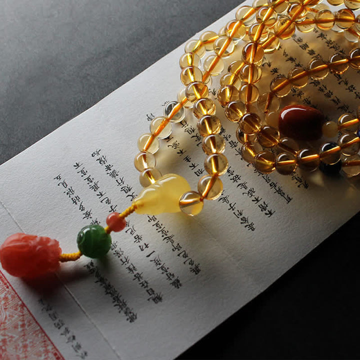 108 Mala Beads Natural Citrine Amber Peace Buckle Red Agate PiXiu Protection Charm Bracelet