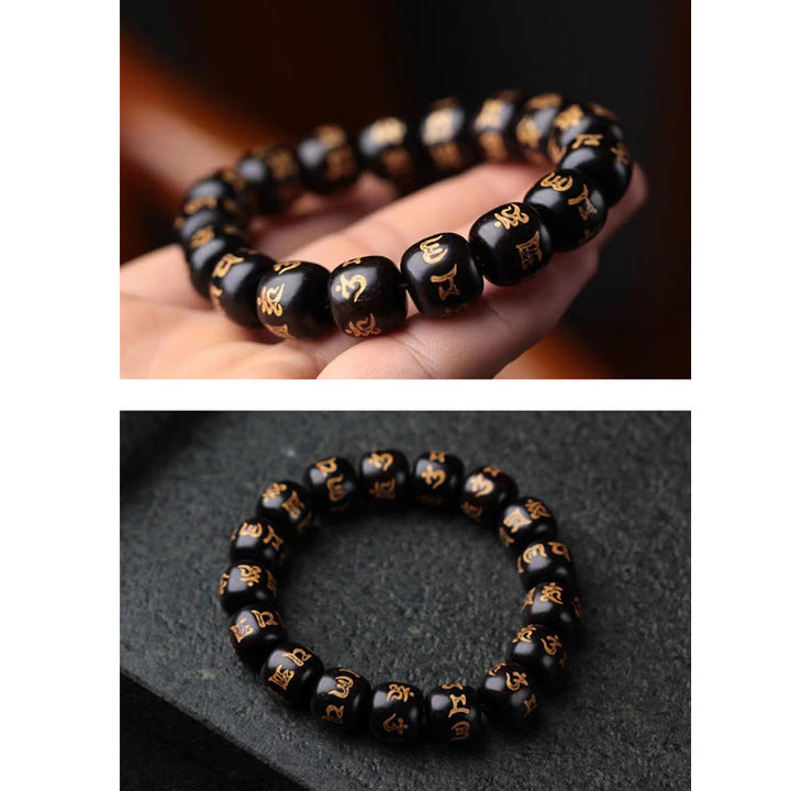 Buddha Stones Tibetan Ebony Wood Om Mani Padme Hum Engraved Peace Bracelet