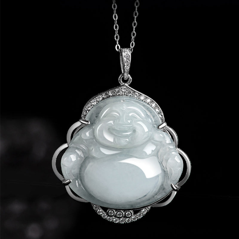 Buddha Stones 925 Sterling Silver Laughing Buddha Natural Jade Abundance Necklace Pendant