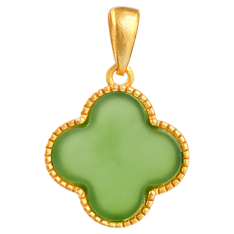 Buddha Stones 925 Sterling Silver Natural Hetian Jade Luck Four Leaf Clover Necklace Pendant