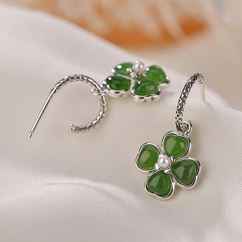 Buddha Stones 925 Sterling Silver Natural Cyan Jade Four Leaf Clover Luck Success Earrings