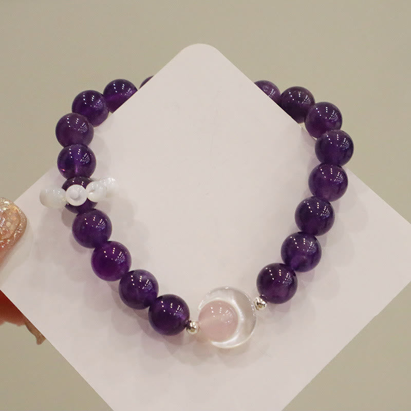 Buddha Stones 925 Sterling Silver Natural Amethyst Aquamarine Pink Crystal Cat's Eye Healing Crescent Moon Bracelet