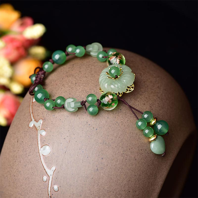 Buddha Stones Natural Green Jade Luck Dangling Flower Bracelet