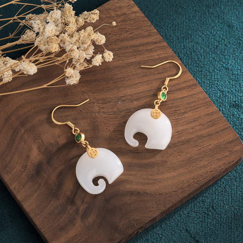 FengShui Elephant White Jade Fortune Earrings