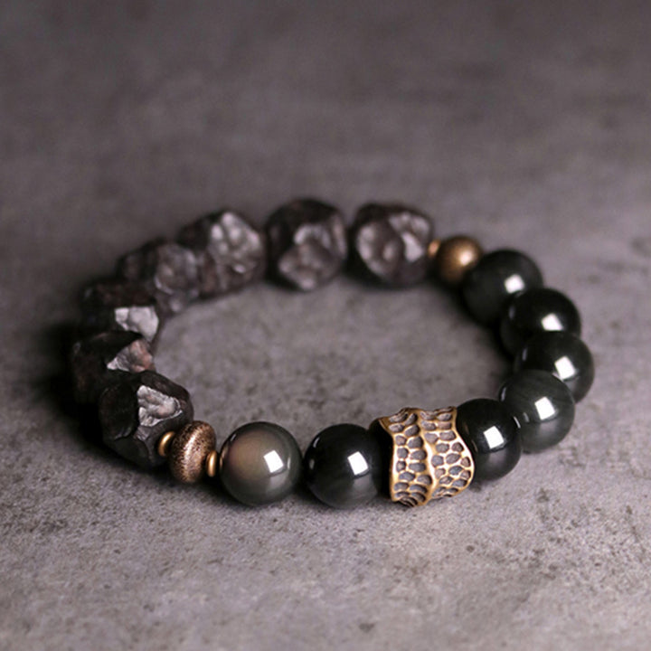 Buddha Stones Black Obsidian Ebony Wood Copper Strength Couple Bracelet