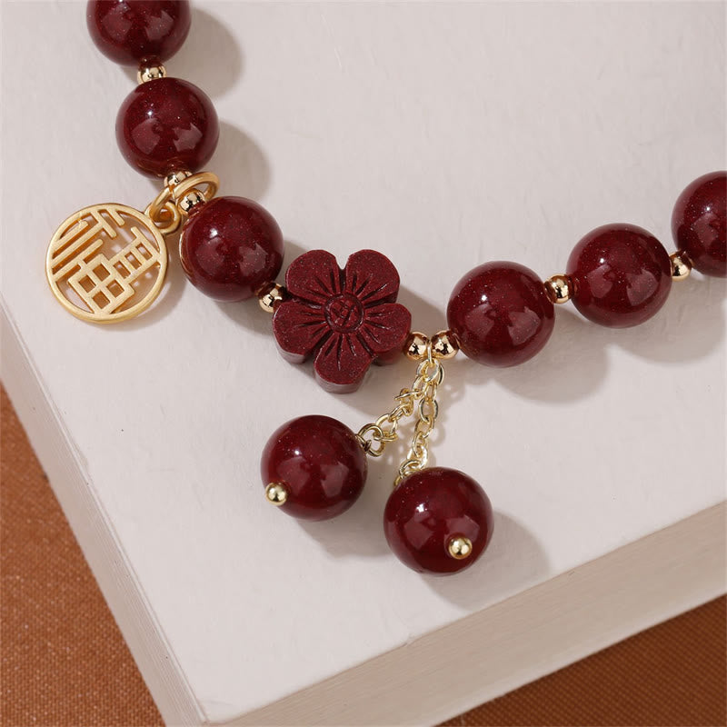 Buddha Stones Cinnabar Fu Character Cherry Blossom Blessing Bracelet