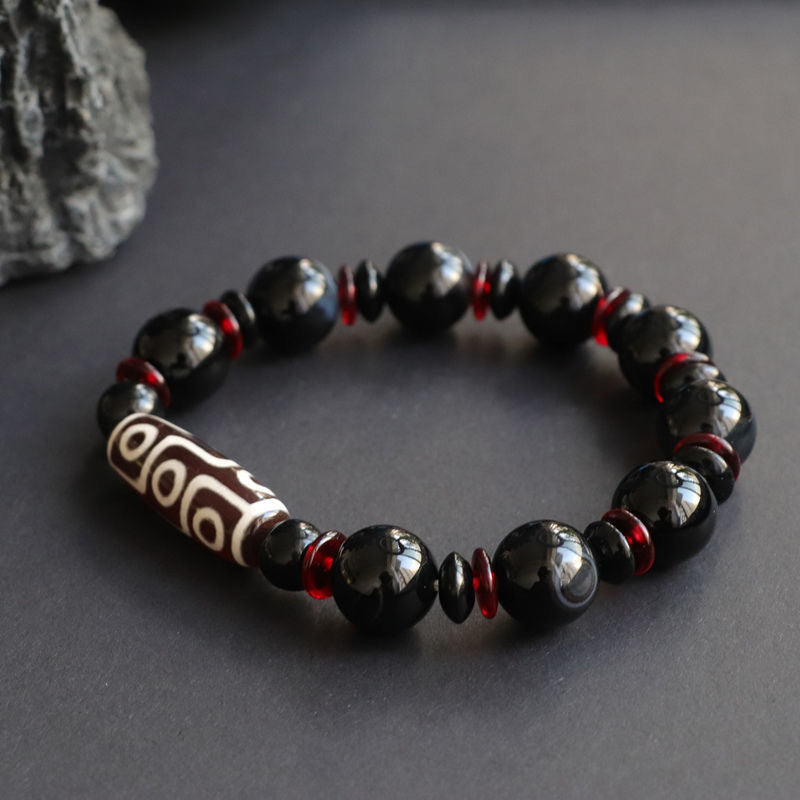 Buddha Stones Black Onyx Nine-Eye Dzi Bead Wealth Protection Bracelet