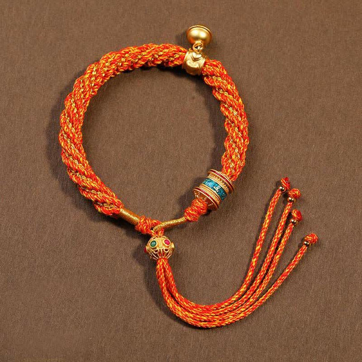 Tibetan Handmade Luck Protection Thangka Prayer Wheel Bell Charm Braid String Bracelet