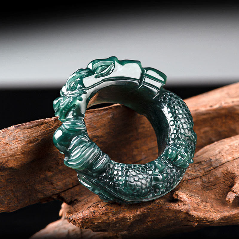 Buddha Stones Natural Cyan Jade Dragon Carved Success Ring