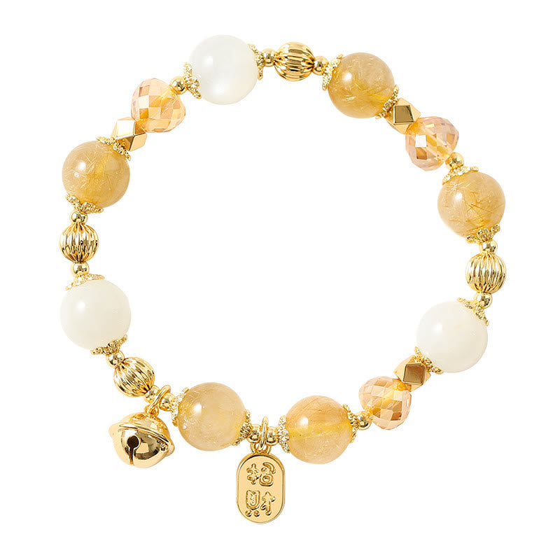 Buddha Stones 14K Gold Plated Golden Rutilated Quartz Wealth Bell Lucky Fortune Charm Bracelet