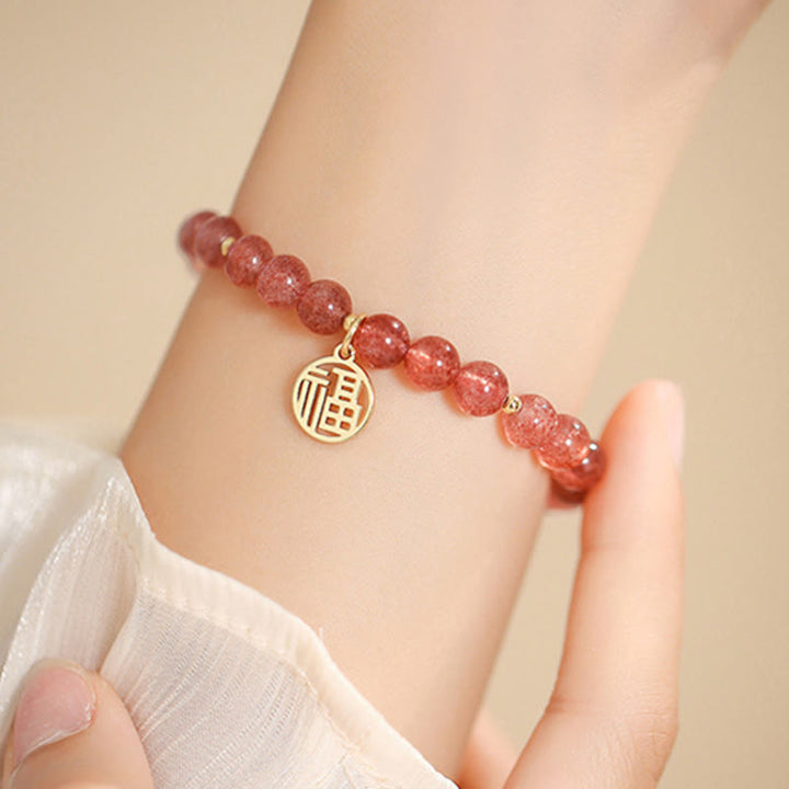 Buddha Stones 14K Gold Plated Strawberry Quartz Fu Character Healing Charm Bracelet