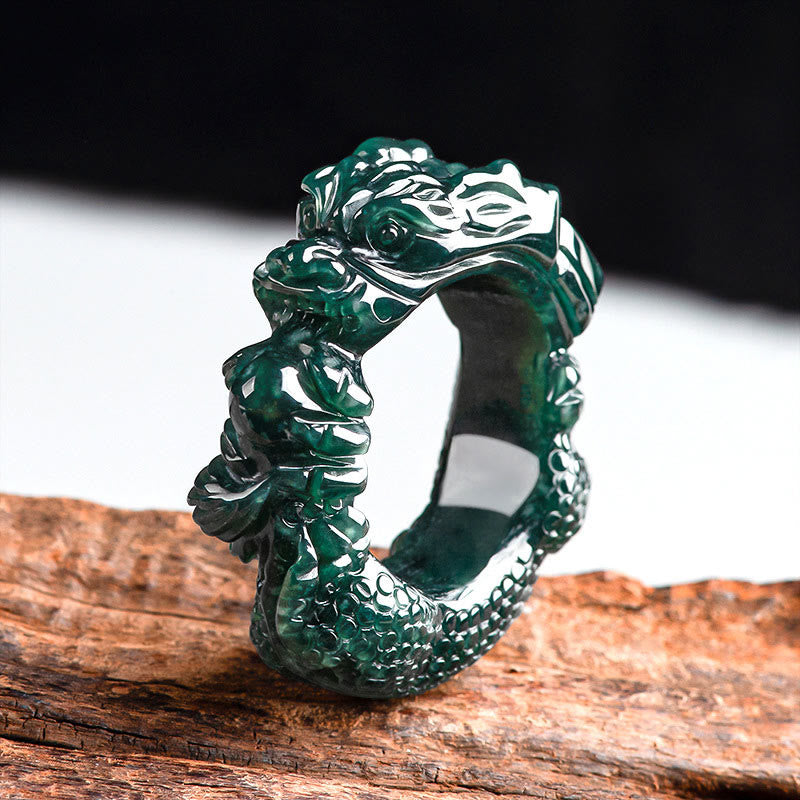 Buddha Stones Natural Cyan Jade Dragon Carved Success Ring