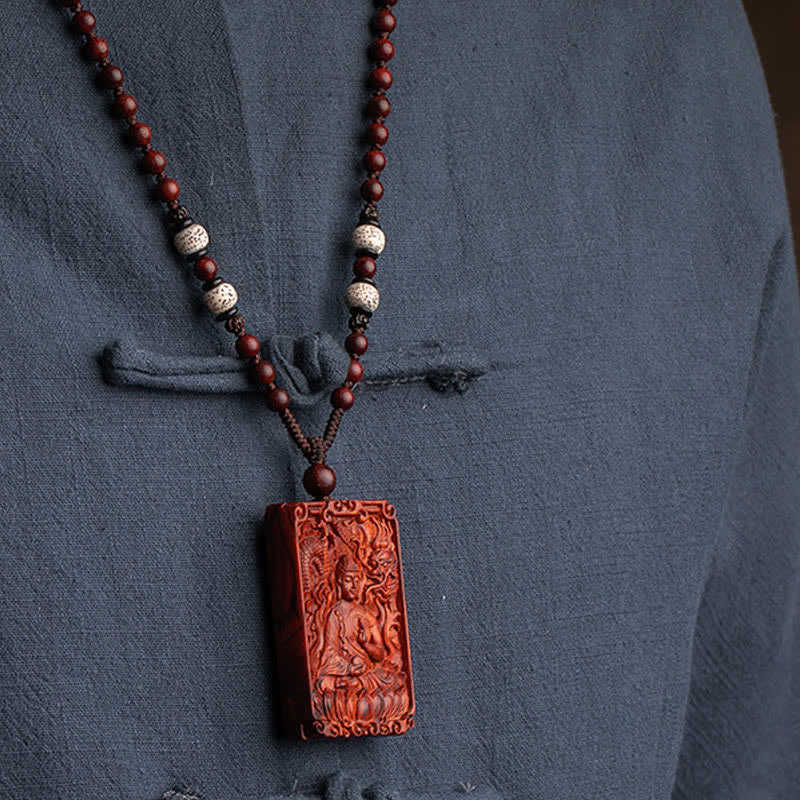 Chinese Zodiac Natal Buddha Small Leaf Red Sandalwood Protection Necklace Pendant