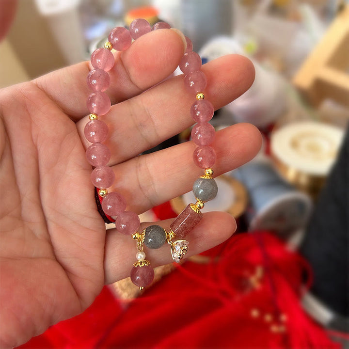 Buddha Stones Natural Strawberry Quartz Zircon Flower Positive Charm Bracelet