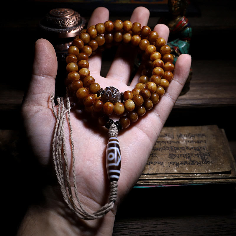 Buddha Stones Tibet 108 Mala Beads Yak Bone Three-eyed Dzi Bead Keep Away Evil Spirits Bracelet