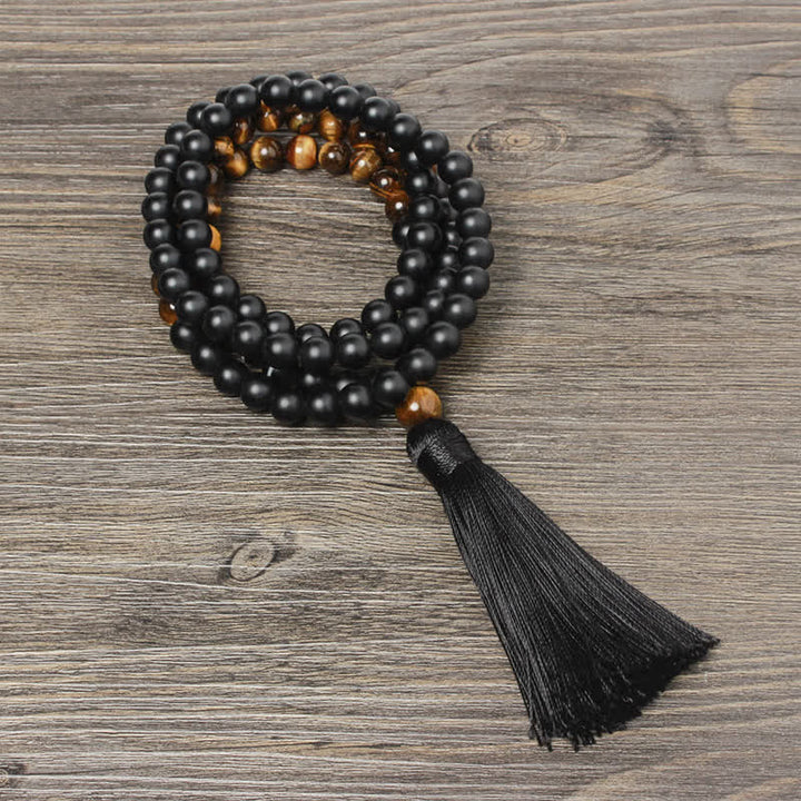 Buddha Stones Black Onyx Tiger Eye Fortune Bracelet Tassel Necklace Pendant