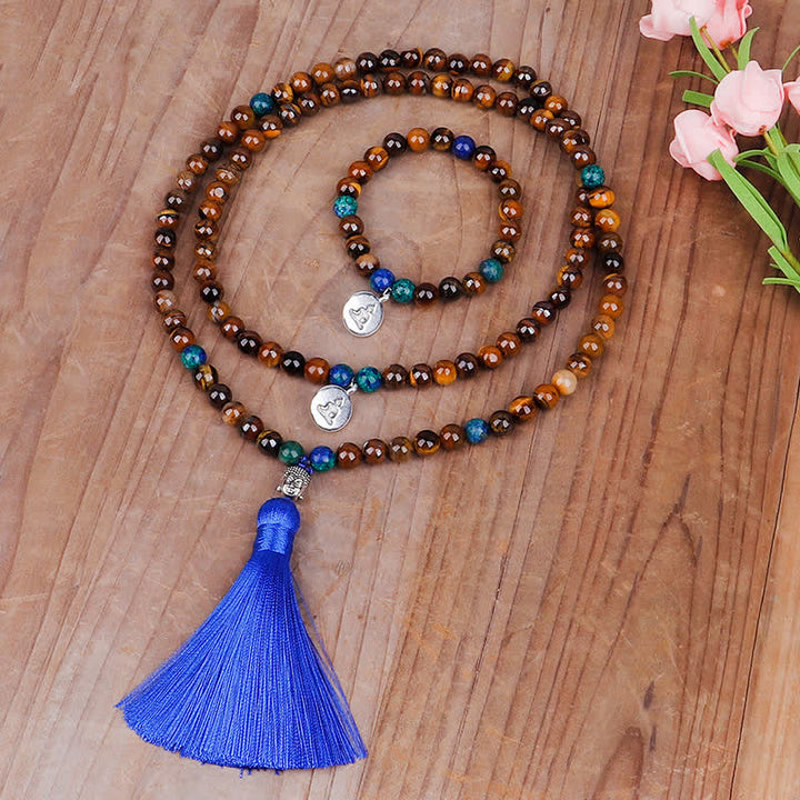 Buddha Stones 108 Mala Beads Tiger Eye Buddha Strength Bracelet Tassel Necklace Pendant