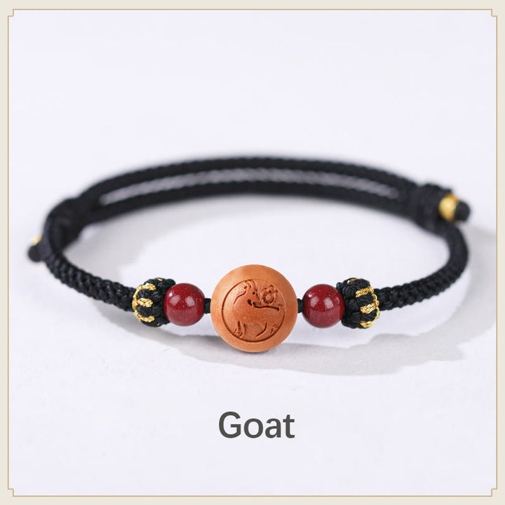 Buddha Stones Natural Peach Wood Chinese Zodiac Fu Character Carved Cinnabar Wealth Bracelet