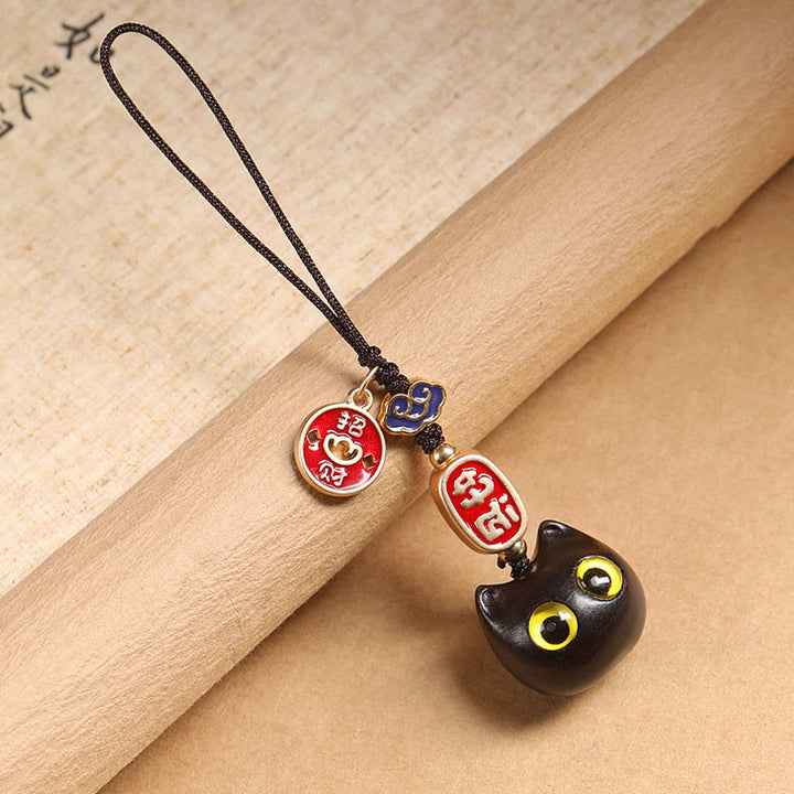 Buddha Stones Ebony Wood Lucky Cat Auspicious Cloud Peace Key Chain Phone Hanging Decoration