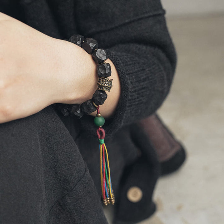 Tibet Ebony Wood Copper Peace Tassel Wrist Mala Bracelet