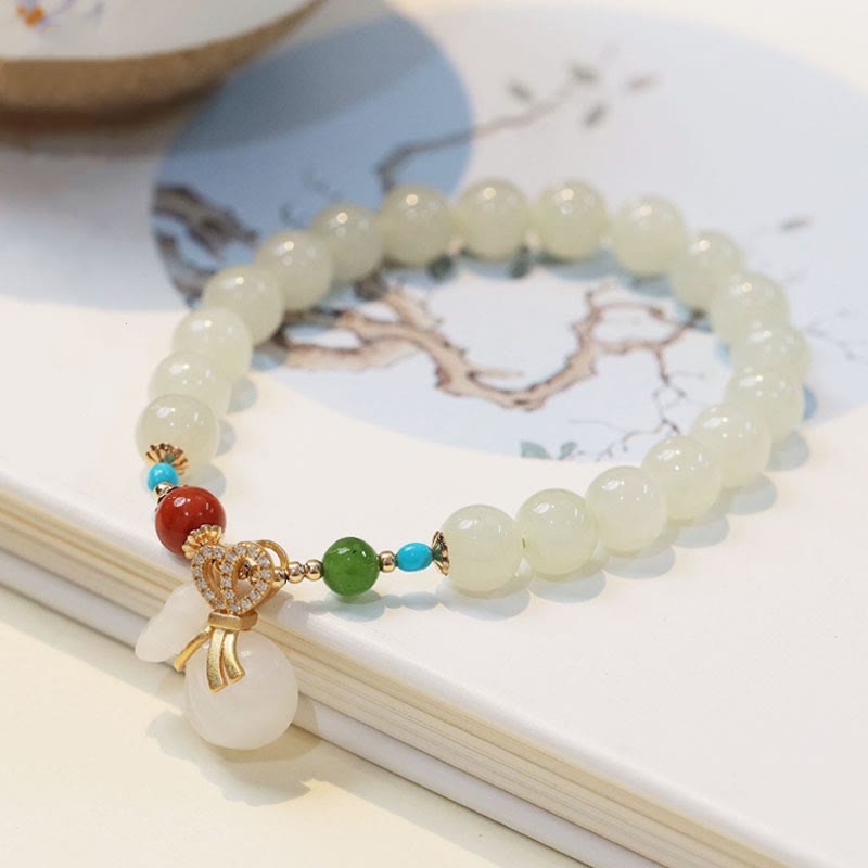 Buddha Stones Natural Hetian White Jade 14K Gold Plated Money Bag Blessing Bracelet