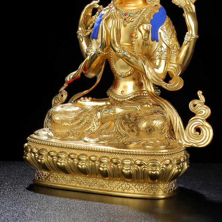 Chenrezig Four-armed Avalokitesvara Protection Copper Gold Plated Statue Decoration