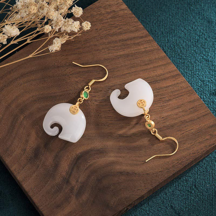 FengShui Elephant White Jade Fortune Earrings