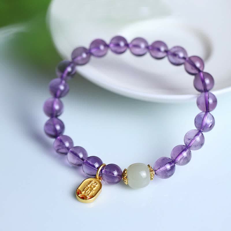 Buddha Stones Natural Amethyst Crystal Hetian Jade Healing Charm Bracelet