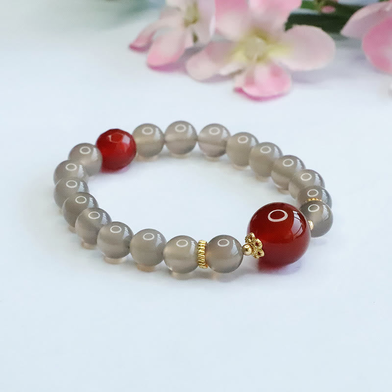 Buddha Stones Natural Gray Chalcedony Red Agate Harmony Bracelet