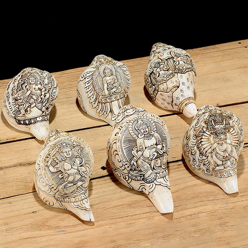 Tibetan Handmade Engraved Shankha Buddha Avalokitesvara Conch Shell Wealth Decoration