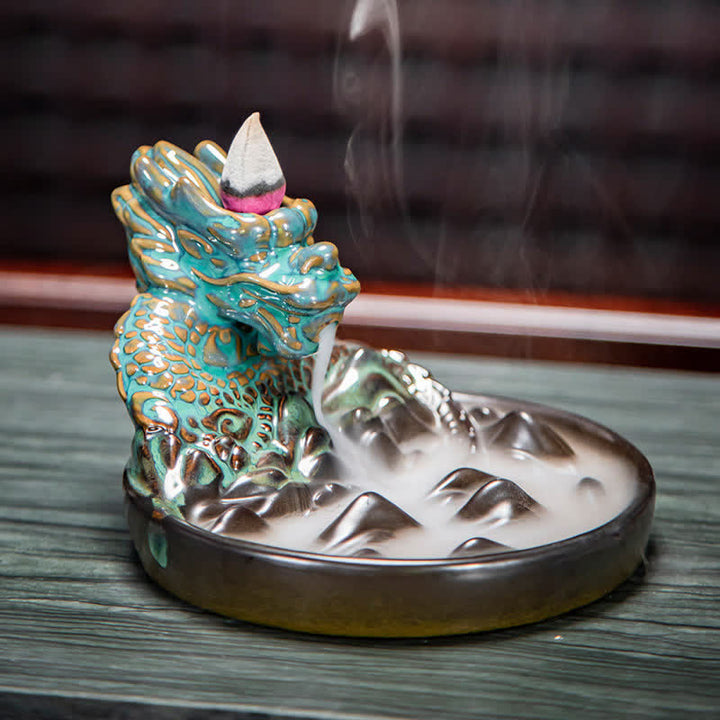 Dragon Pattern Ceramic Backflow Smoke Fountain Incense Burner Decoration