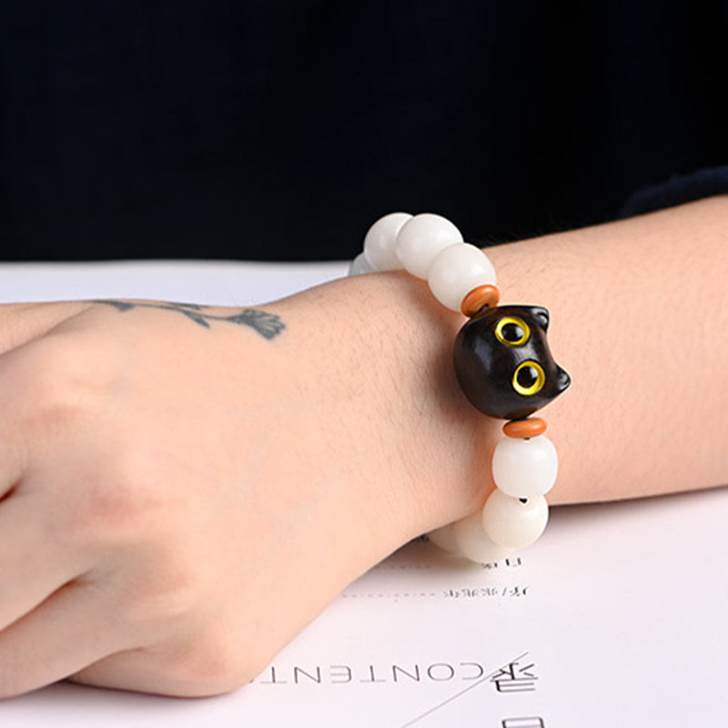 Buddha Stones Natural Bodhi Seed Small Leaf Red Sandalwood Ebony Wood Cute Lucky Cat Wisdom Bracelet