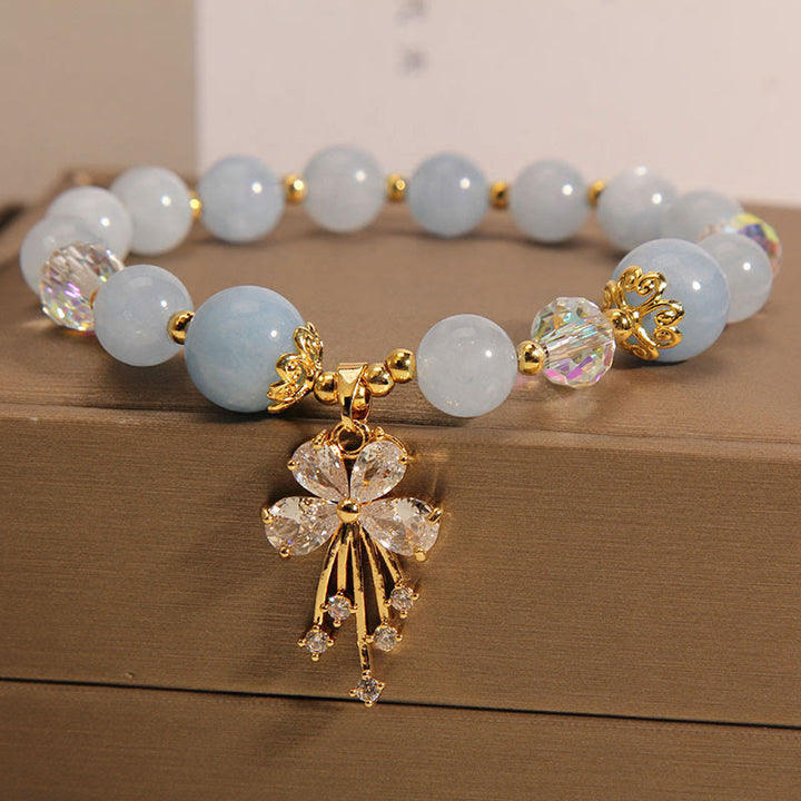 Buddha Stones Aquamarine Pink Crystal Healing Zircon Butterfly Charm Bracelet