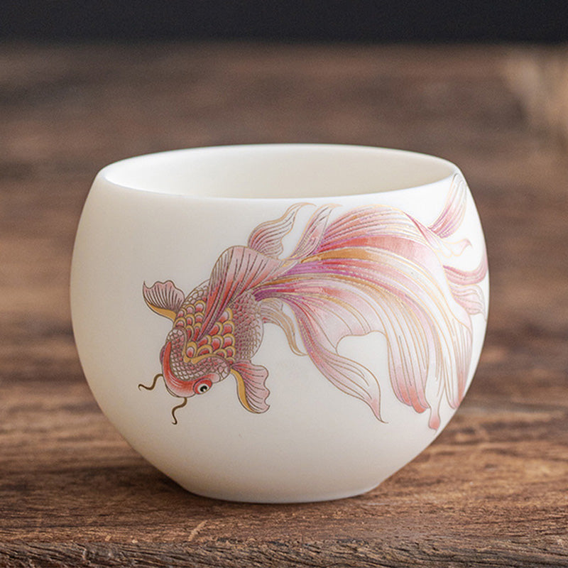 Buddha Stones Koi Fish White Porcelain Ceramic Teacup Kung Fu Tea Cup