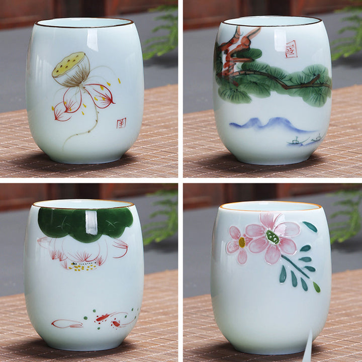 Buddha Stones Koi Fish Lotus Landscape Dandelion Peony Flower Ceramic Teacup Kung Fu Tea Cup