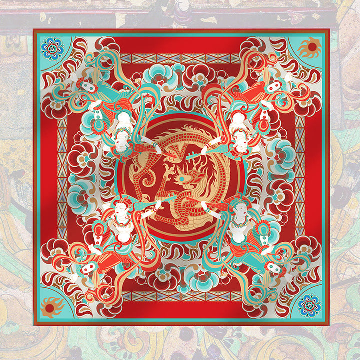 Buddha Stones Dunhuang Rebound Pipa Flying Frescoes 100% Mulberry Silk Scarf Premium Grade 6A Dunhuang Shawl