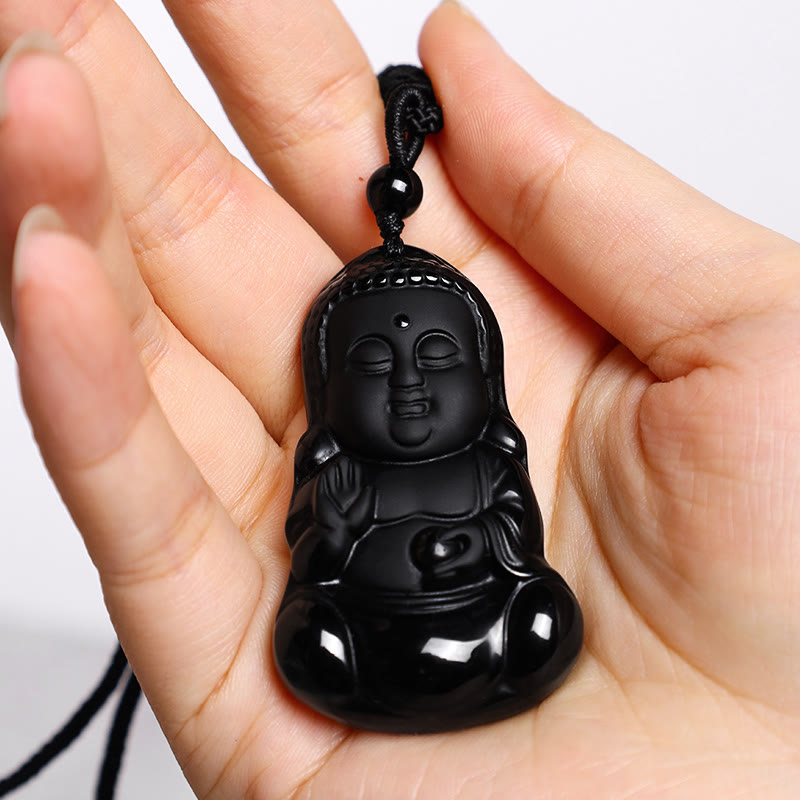 Buddha Stones Natural Black Obsidian Crystal Buddha Strength Protection Amulet Lucky Charm Pendant Necklace